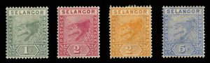 Malayan States - Selangor #24-27 (SG 49-52) Cat£29, 1894-95 Tiger, set of fo...