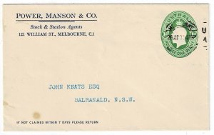 Australia 1932 Melbourne cancel on PTO stationery cover for Power, Manson & Co.