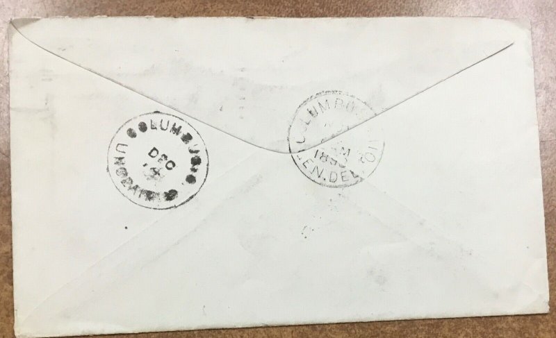 220a cap on left 2 w/ J22 on UNCLAIMED Columbus Ohio 1893 nice cover