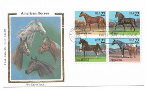 US 2155-2158 22c Horses block of 4 on FDC Colorano Silk Cachet ECV $20.00
