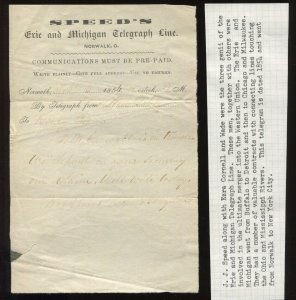 Speed's Erie and Michigan Telegraph Line Norwalk Ohio 1854 Telegram BZ1640