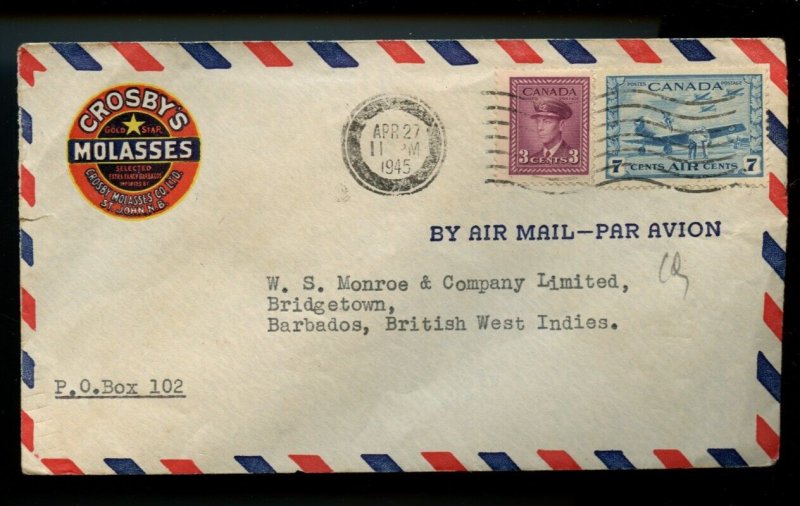 ?BLACKOUT 1945 on nice advertising to BARBADOS BWI war Issue cover Canada