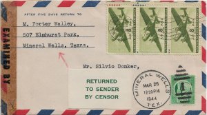 Mineral Wells, TX to Suriname 1944, RTS by Censor w/Letter (C4695)