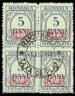 Romania #Mi.P6 Cat€360, 1918 5b blue, block of 4 with central Bucharest dat...