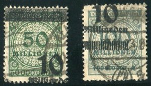 Germany #315-316, 1923 10mlrd surcharges, two differed with dramatic shifts o...