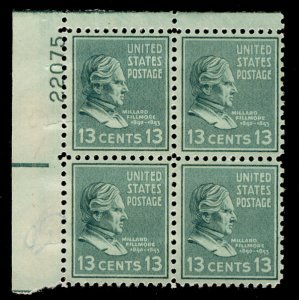 US #818 PLATE BLOCK, XF-SUPERB mint never hinged, 13 c Fillmore,  fresh color...