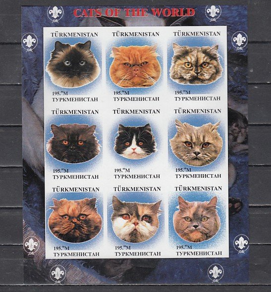 Turkmenistan, 1999 Russian Local. Cats of the World, IMPERF sheet. Scout Logo. ^