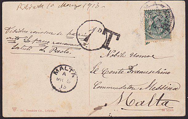 MALTA 1913 1d in circle due on postcard ex Italy............................8842