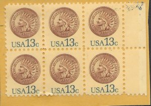 US #1734 used block of 6 on piece. Indian Head Penny.  Nice stamp.