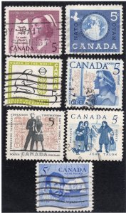 Canada 1958-63 Group of 7 Commemoratives, Scott 380, 384-485, 390, 396, 398, 412