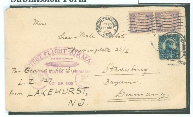 US 570/637 1928 Cover carried on the October 28, 1928 Flight of the Graf Zeppelin (LZ127) from Lakehurst, NJ to Frankfurt (main)