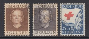 Netherlands Sc 321, 322, B258 used. 1949 5g & 10g Queen, 1953 25c+8c Red Cross