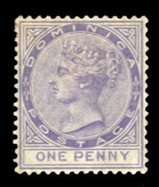 Dominica #18 Cat$60, 1886 1p violet, heavy hinge remnant