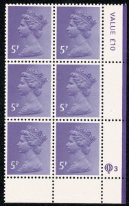 GB 5p pale lilac. PCP/PVAD. lower right Q3 cyl. block of six.