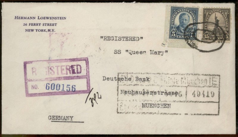 USA 1937 Registered Transatlantic Cover SS Queen Mary Munich Germany 95640