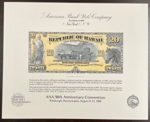 ABNC S068 Souvenir Card face $20 Gold Certificate Republic of Hawaii