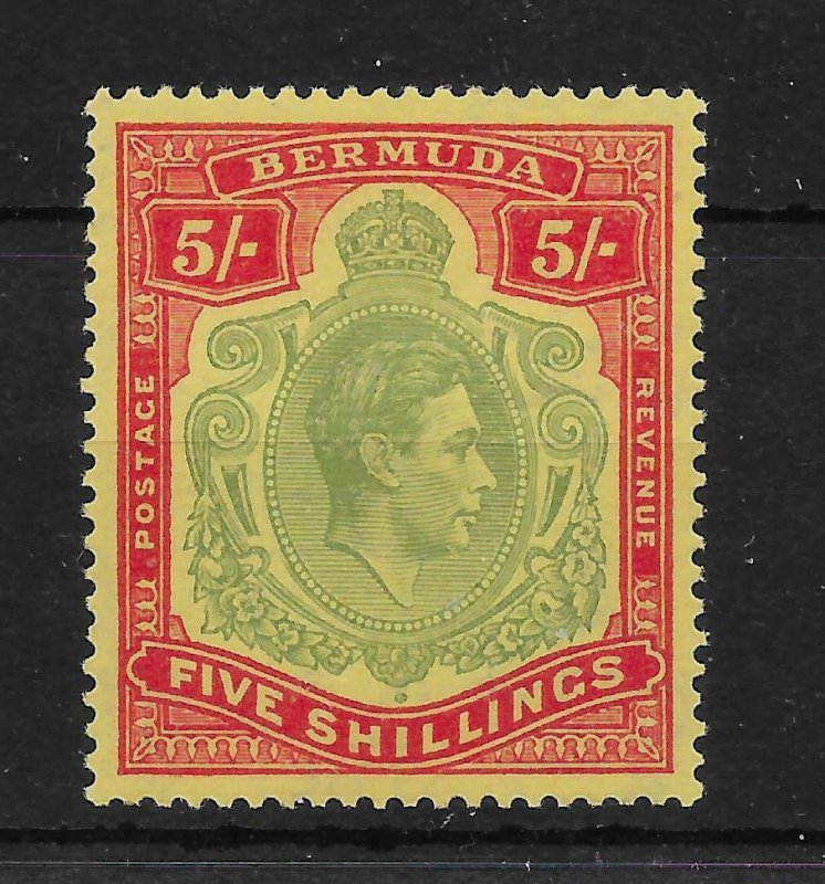 BERMUDA SG118df 1943 5/= PALE BL-GREEN&CARMINE-RED/PALE YELLOW GASH IN CHIN MM