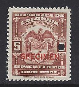 COLOMBIA 1940 5peso FOREIGN SERVICE REVENUE Overprinted SPECIMEN MNH