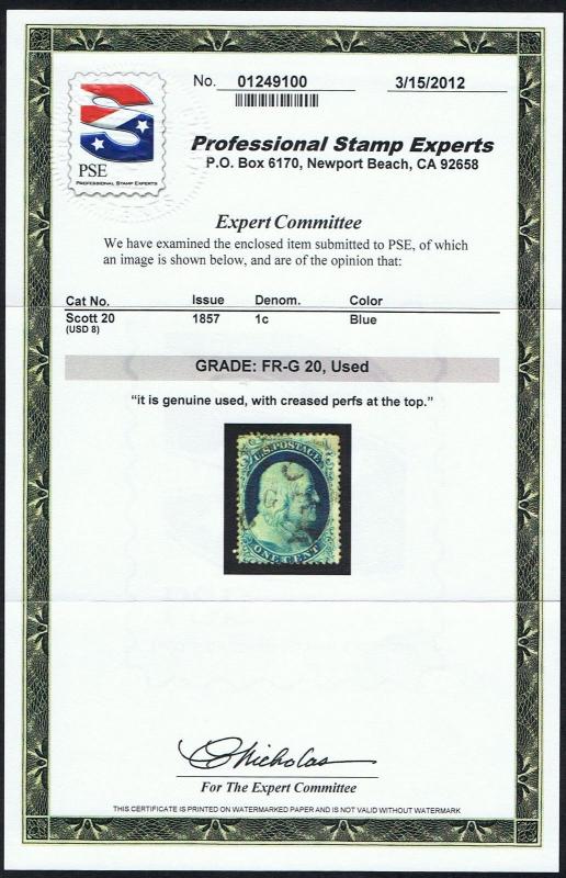 GENUINE SCOTT #20 USED TYPE-II TOWN CANCEL PSE CERT SCV $275 - ESTATE CLOSEOUT