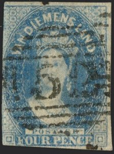 TASMANIA - 1860s SG38 4d bright blue Imperf. - barred numeral 52 of LAUNCESTON