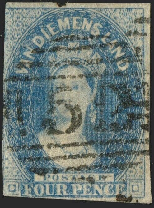 TASMANIA - 1860s SG38 4d bright blue Imperf. - barred numeral 52 of LAUNCESTON