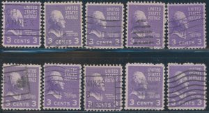 US 807 3 cent Presidential Issue; Used; Lot of 10 -- See details and scan