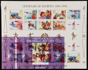 MONGOLIA 1996 Olympics IMPERF + Centenary Games error printed on top. MNH **.  