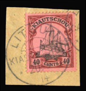 German Colonies, Kiauchau #38 Cat$50, 1905 40c lake and black, used on piece