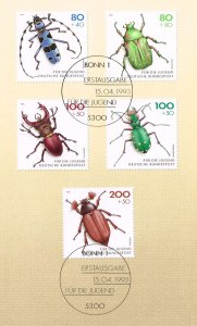 Germany 1993,Sc.#B745-9 used Beetles on paper