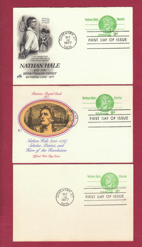 1977 9c NATHAN HALE, Patriot #UY28, 3 FDCs