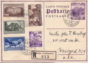 Liechtenstein 1937 Registered 10Rp Postal Card to New York Nice Franking FINE