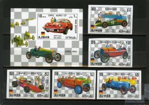 AJMAN 1971 Mi#Bl.1117-1121B,Bl.320B OLD CARS SET OF 5 STAMPS & S/S IMPERF.MNH