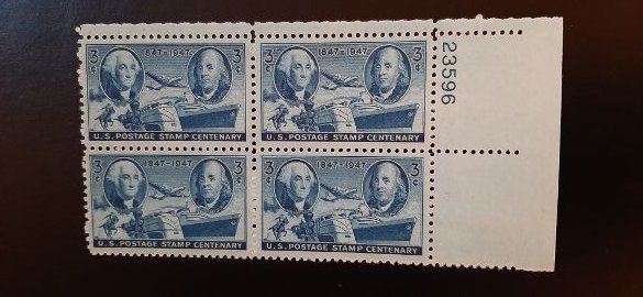 US Scott # 947; 3c US Stamp Cent (1947); Plate Block of 4 MNH, og; VF+ centering