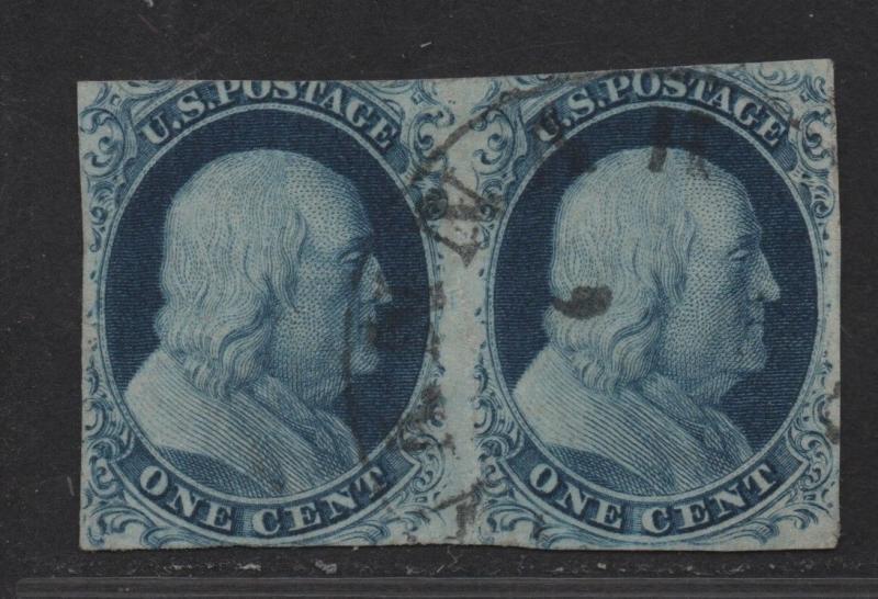 $US Sc#7 used, average type II imperf pair Pos 79-80R2, Cv. $275