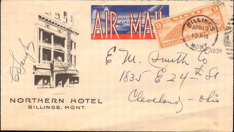 1938 BILLINGS MONTANA + HOTEL ADVERTISEMENT + NORTHWEST AIR MAIL LABEL