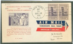 US 857 1939 3ct 300th anniversary of the printing pressin America (pair) on an addressed first day cover with a Grandy cachet.