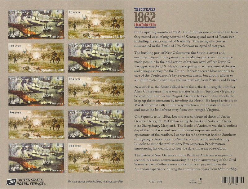 US 4664-4665 4665a Civil War 1862 forever sheet (12 stamps) MNH 2012 