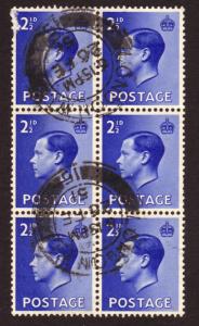 Great Britain 1936 SG#460 2-1/2d Blue Edward VIII Blockof Six USED.