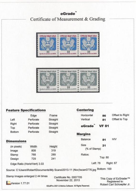 O157 33 cent official coil eagle Stamp M OG NH EGRADED VF 81