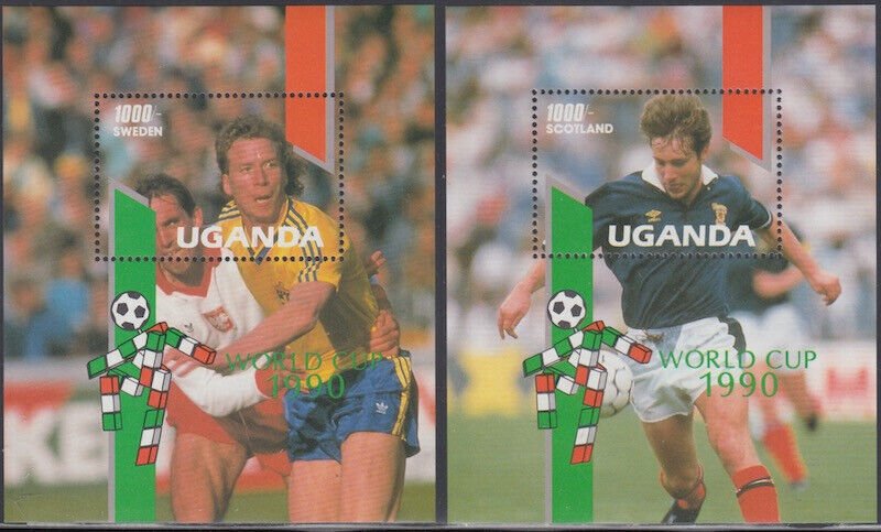 UGANDA Sc # 813-4 CPL MNH SET of 2 S/S, 1990 ITALY WORLD CUP SOCCER CHAMPIONSHIP 