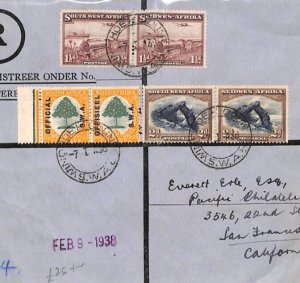 SOUTH WEST AFRICA Official Cover Windhoek Registered USA S. Francisco 1938 YO274