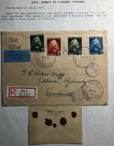 1943 Oslo Norway Censored First Day Cover FDC To Pihlava Finland Sc#255-8