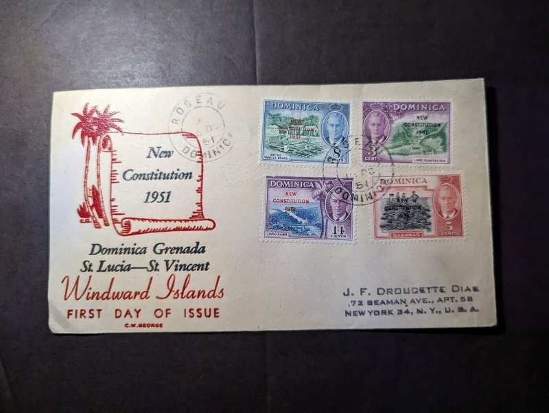 1951 Dominica Grenada First Day Cover FDC Roseau to New York NY USA Constitution