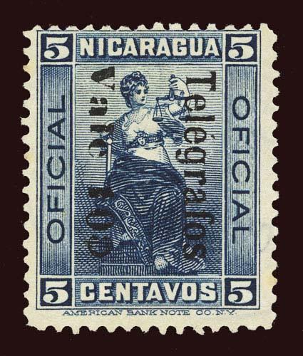NICARAGUA Hiscocks #H124 1907 allegory, Telegrafos overprint, surcharge, used