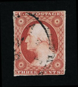 GENUINE SCOTT #10 F-VF USED 1851 ORANGE BROWN 3¢ TYPE-I DESIGN TOWN CANCEL 16057