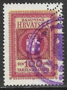 YUGOSLAVIA  CROATIA REGIONAL 1940 100d General Revenue Bft.22 VFU Perfin Cxl