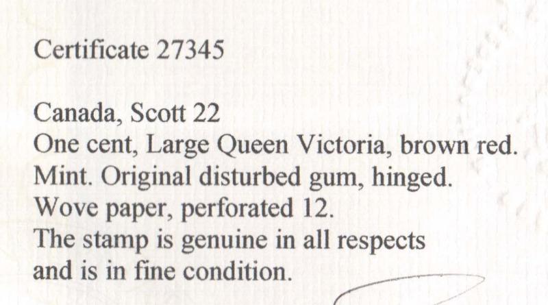 Canada #22 Mint **With Certificate**