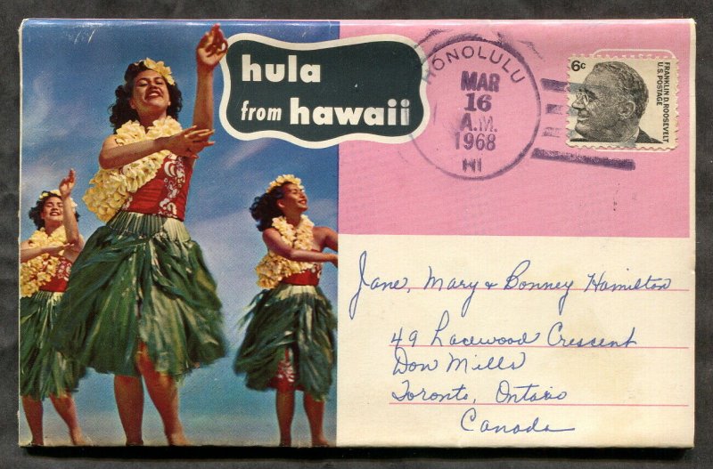 p526 - HAWAII Honolulu 1968 Cancel on HULA Dancers Folder to CANADA