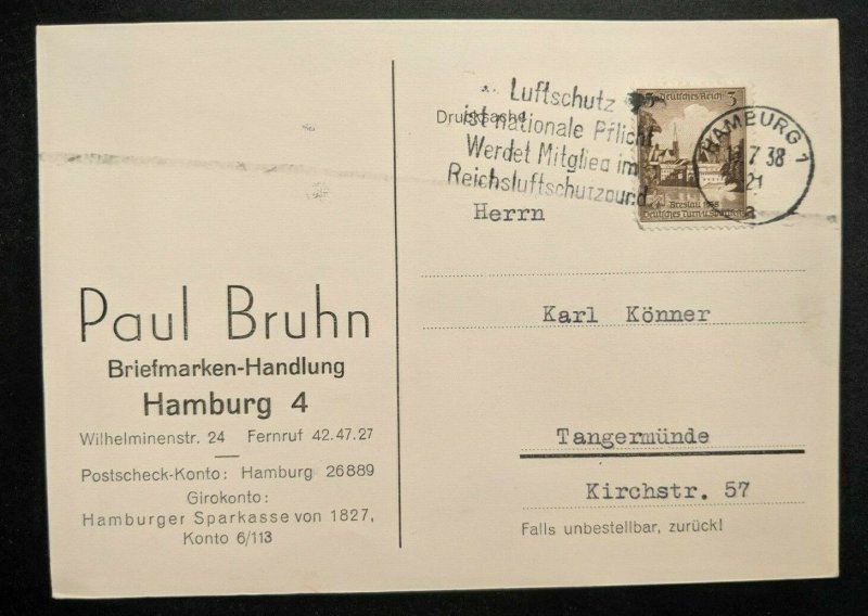 1938 Hamburg to Tangermünde Germany Paul Bruhn Briefmarken Handlung Cover