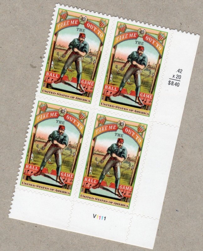 Scott #4341 Take Me Out To The Ballgame Plate Block of 4 Stamps - Sealed